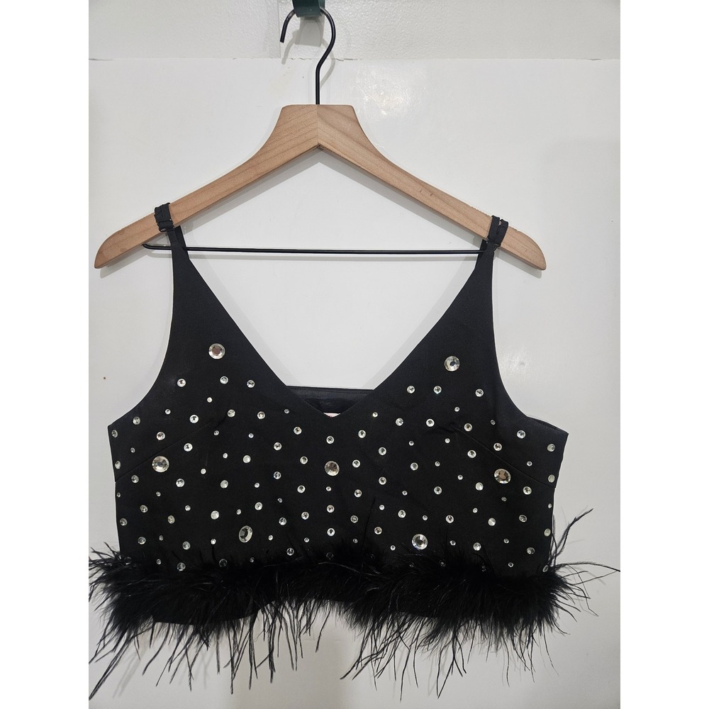 La' Ros Womens Black Rhinestone Feather Trim Crop Top Camisole CT3317 Size L